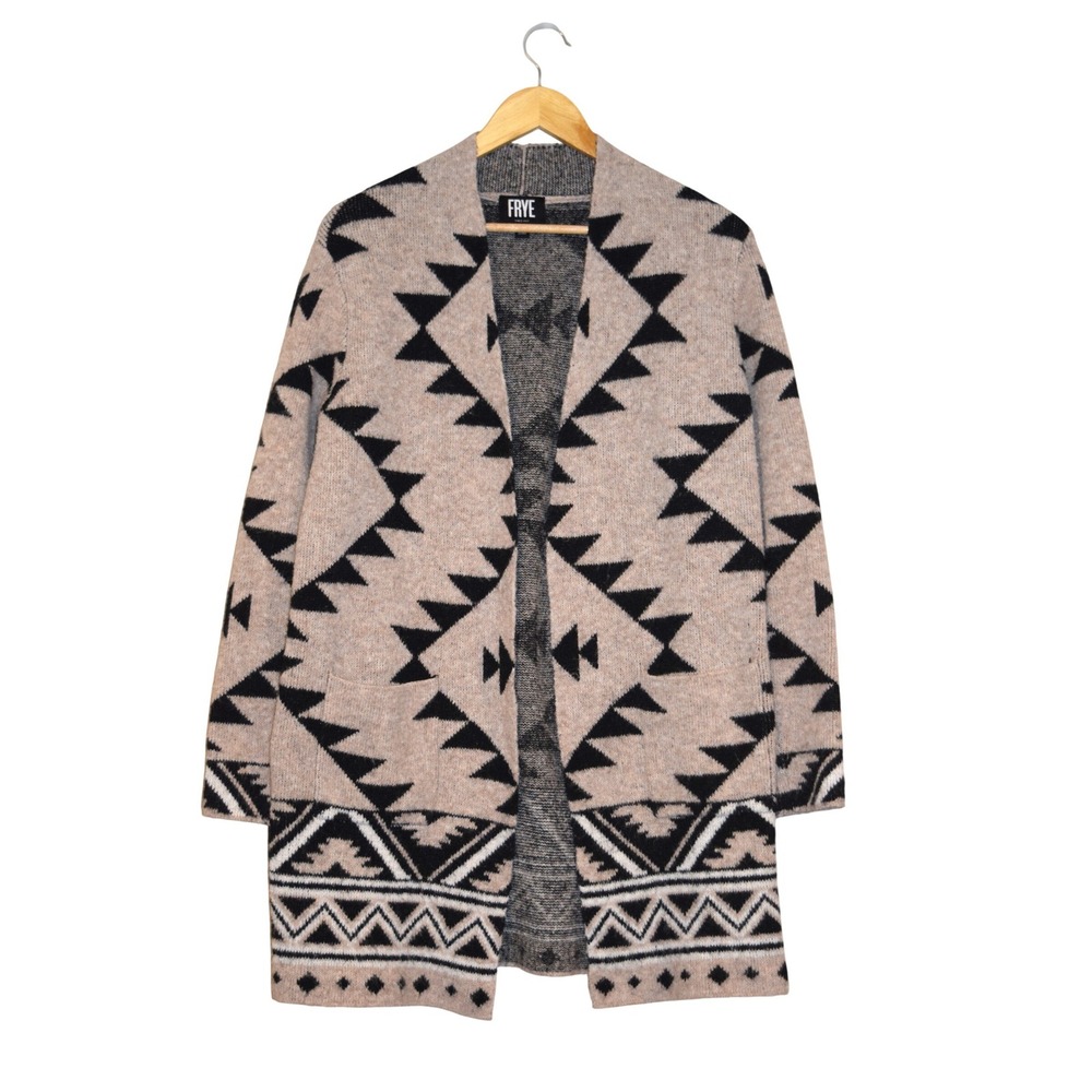 Frye Womens Southwestern Geometric Open Front Long Cardigan Tan Black‎ Small